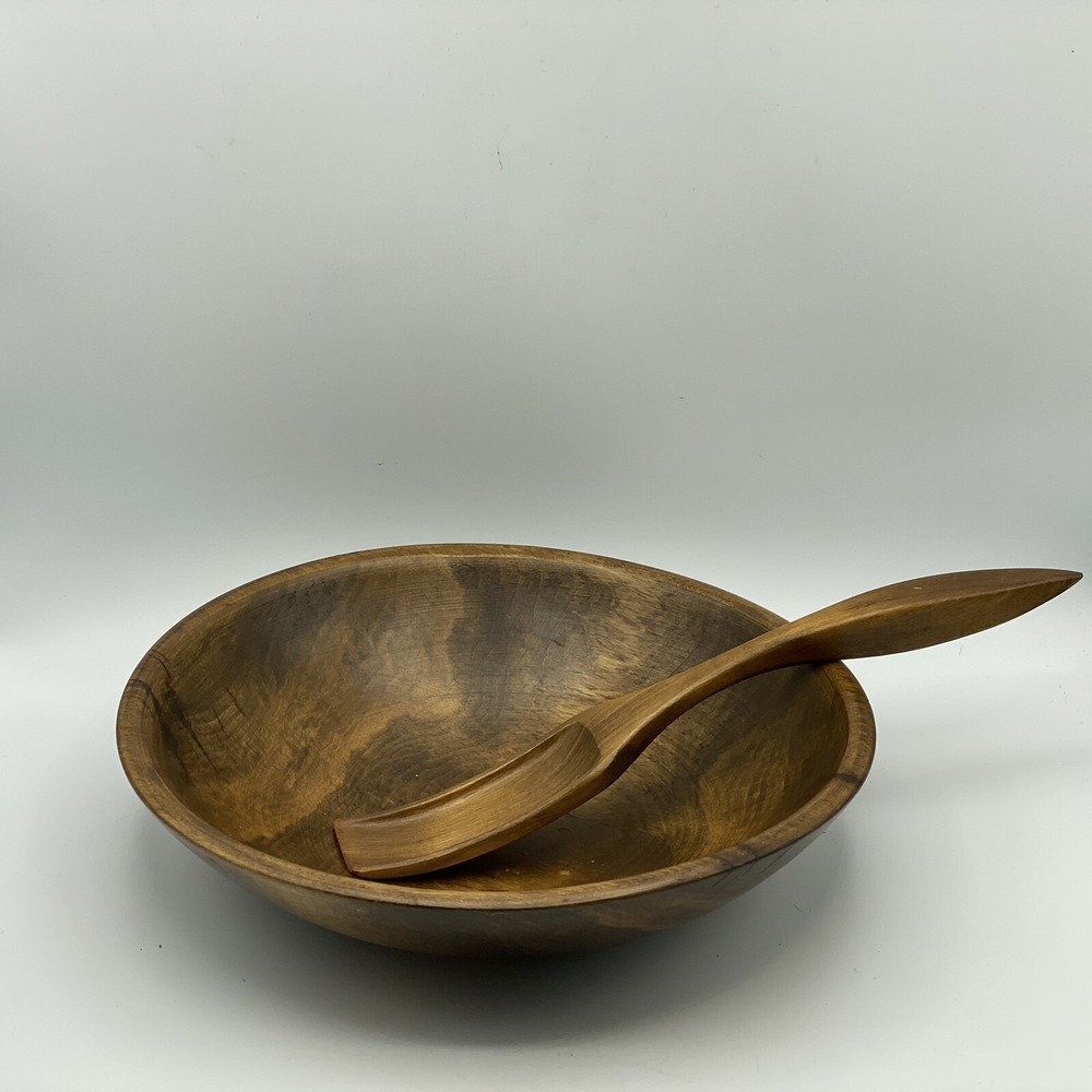 Wood Bowl 11" Mark Illegible With Utensil Vintage